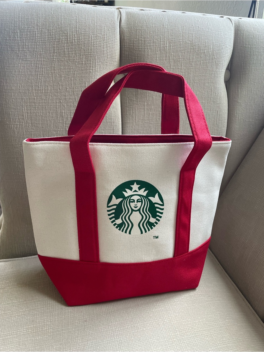 Starbucks Cream and Red Canvas Tote with Green Logo. 13x10 inch